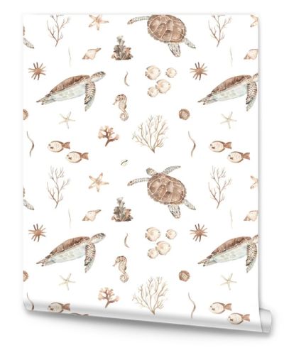 Watercolor seamless pattern with underwater brown world with sea turtles, seashells, fish, corals, sea stars, seashells on a white background