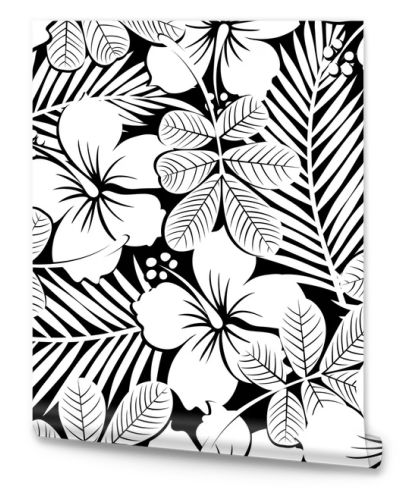 Black and white tropical hibiscus flowers and plants seamless pa