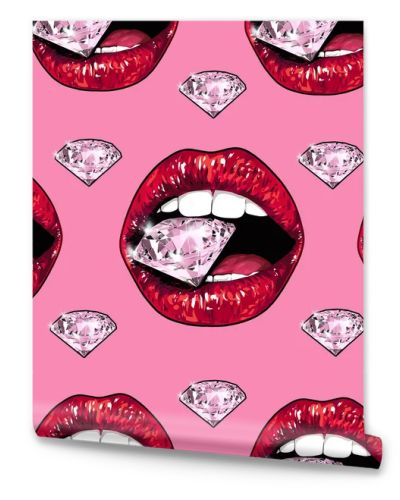 Bright lips holding a sparkling brilliant. Seamless pattern. Realistic graphic drawing. Background. Pink color