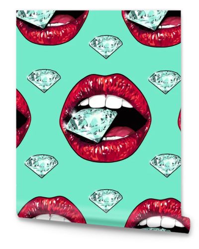 Bright lips holding a sparkling brilliant. Seamless pattern. Realistic graphic drawing. Background. Mint color