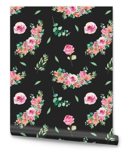 Floral seamless pattern of watercolor pink roses, greenery and eucalyptus branches, illustration on dark background