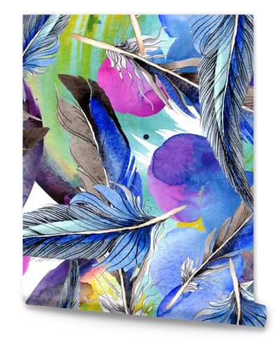 Bird feathers from wing. Watercolor background illustration set. Seamless background pattern. Fabric wallpaper print texture.