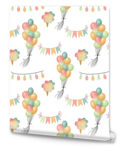 Seamless pattern of hand drawn air balloons, flags, garlands and ice cream, illustration on white background