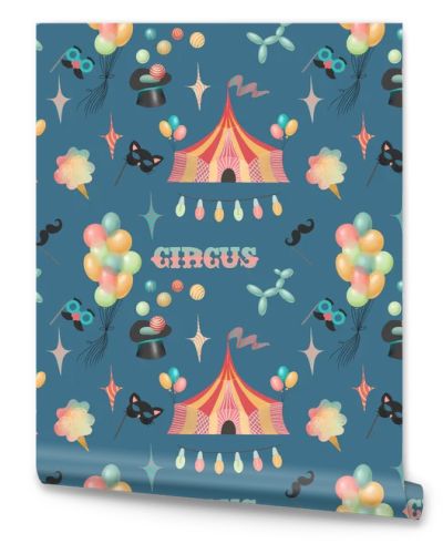 Seamless pattern of hand drawn circus elements and attributes of amusement park (circus tent, air balloons, ice cream, fun masks), illustration on dark blue background