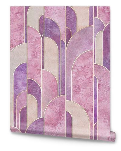 Art deco style abstract geometric forms seamless pattern background. Watercolor hand drawn multicolor purple elements and golden lines texture. Watercolour print for textile, wallpaper, wrapping paper