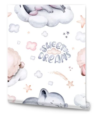 Watercolor pattern for children with sheep. print for baby fabric, poster pink with beige and blue clouds, moon, sun. Nursery print illustration textile.