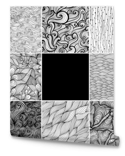 Set of eight black and white wave patterns (seamlessly tiling).Seamless pattern can be used for wallpaper, pattern fills, web page background,surface textures. Gorgeous seamless wave background