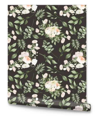 Seamless pattern of white flower bouquets and greenery, illustration on dark background