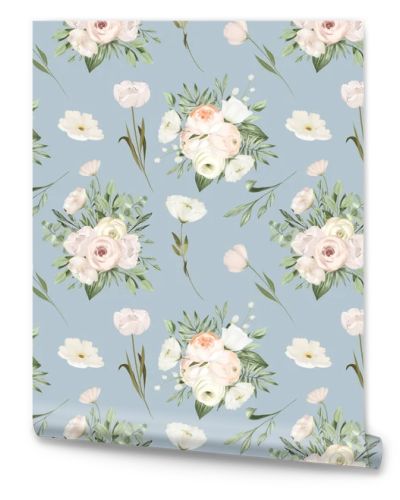 Seamless pattern of white flower bouquets, illustration on blue background