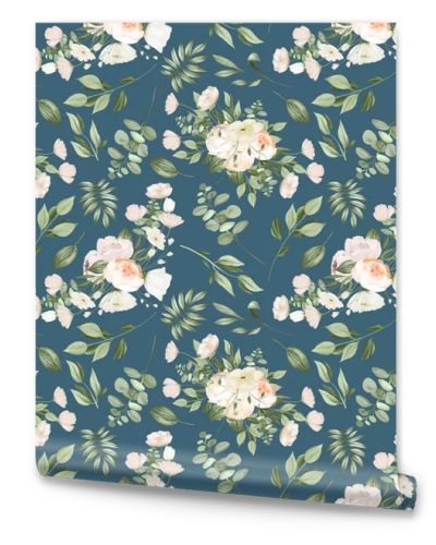 Seamless pattern of white flower bouquets and greenery, illustration on dark blue background