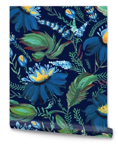 Floral seamless pattern in Ukrainian folk painting style Petrykivka. Hand drawn fantasy flowers, leaves, branches isolated on a dark indigo blue background