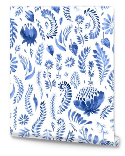 Blue colored watercolor floral seamless pattern in Ukrainian folk painting style Petrykivka. Fantasy flowers, leaves, herbs isolated on a white background