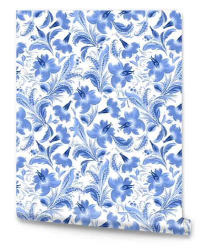 Floral seamless pattern in Ukrainian folk painting style Petrykivka. Blue flowers and leaves isolated on a white background