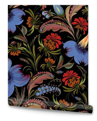 Floral seamless pattern in Ukrainian folk painting style Petrykivka. Blue and red  flowers and green brown leaves isolated on a black background