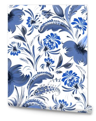 Floral seamless pattern in Ukrainian folk painting style Petrykivka. Blue flowers and leaves isolated on a white background