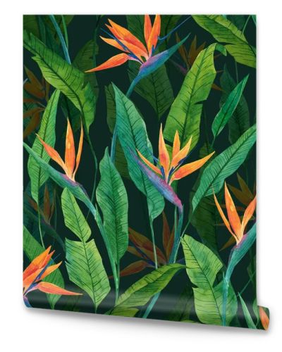 Seamless floral pattern with herbaceous plant of strelitzia. Watercolor illustration of plant of bird-of-paradis. For fabric, textile, wrapping paper, cover, package. Flowers and tropical leaves.