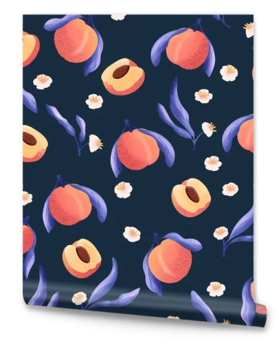 Seamless pattern with hand drawn peaches and floral elements. Fruit and floral design in bright colors. Colorful illustration.