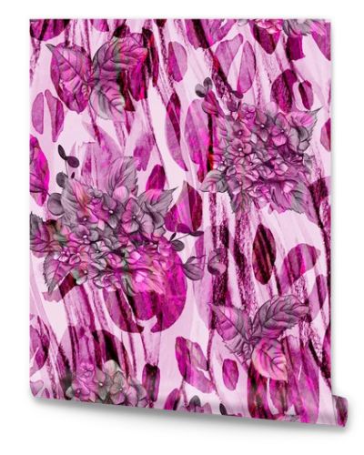 Pink Seamless botanical pattern with pink hydrangea flowers painted in watercolo