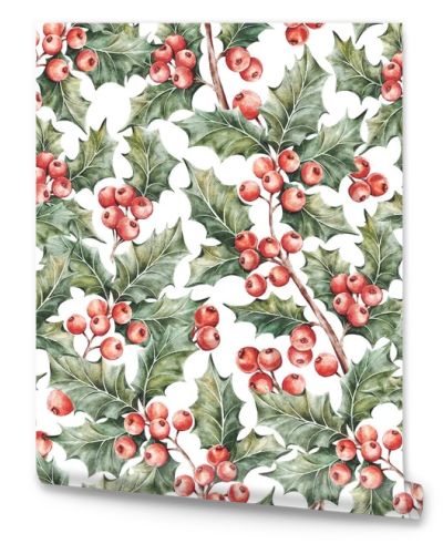 Watercolor Traditional Seamless Christmas Pattern With Holly Plant