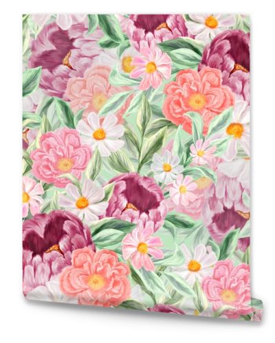 Spring flowers seamless pattern. Botanical background. Arrangement of pink and white wildflowers.