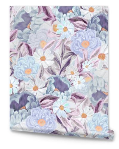 Spring flowers seamless pattern. Botanical background. Arrangement of pink and white wildflowers.