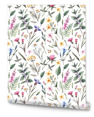 Botanical seamless pattern with watercolor wild flowers. Watercolor background with daisies, mint, bells, lungwort and other wildflowers. Beautiful background for invitations, fabrics, wallpapers, paper and other purposes.