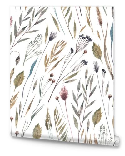 Seamless watercolor pattern with dry meadow plants hand drawn in herbarium style. Wild herbs and ears of corn seamless background. Autumn pattern.