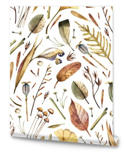 Autumn leaves, dry herbs and flowers, bird feathers seamless natural pattern in vintage style. Vintage background with natural elements for fabrics, textiles, wallpapers, etc.