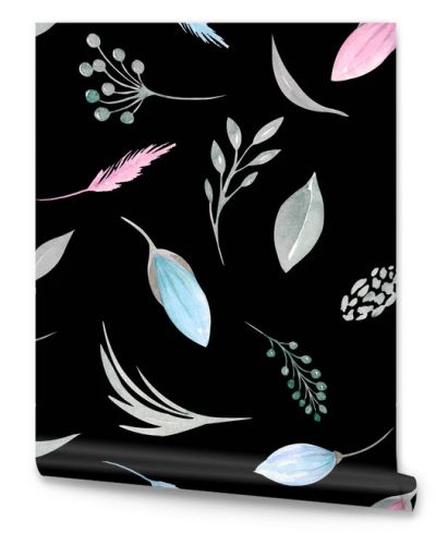 Seamless pattern of floral elements. Pink and blue tulips, spring greenery, foliage, branches on a black background