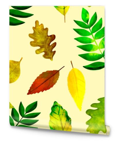 Seamless pattern Botanical illustration Autumn leaves on a light yellow