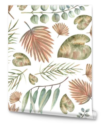 Seamless patterns with tropical leaves in boho style on a white isolated background. Watercolor illustration