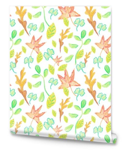 Seamless patterns with fall leaves hand drawn in wax crayons.Food print for Thanksgiving with textured pastels on white isolated background.Designs for textiles,packaging,wrapping paper,cards.