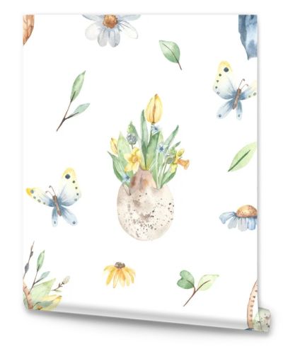 Basket of Easter eggs, spring flowers in a shell, butterfly, flowers, leaves on a white background. Watercolor seamless pattern