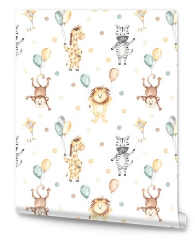 Lion, zebra, giraffe, monkey on balloons on white background. Watercolor seamless pattern