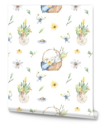 Basket of Easter eggs, spring flowers in a shell, butterfly, flowers, leaves on a white background. Watercolor seamless pattern