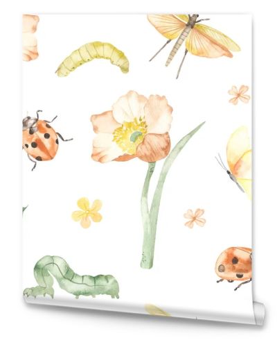 Flower, insects, ladybug, caterpillars, butterfly, grasshopper on white background. Watercolor seamless pattern