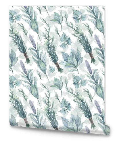 Light watercolor pattern with herbs. Hand-drawn background. Edible herbs and leaves, rosemary, parsley, basil. Texture for design, textiles, decoration, wallpaper, scrapbooking, wrapping paper, fabric