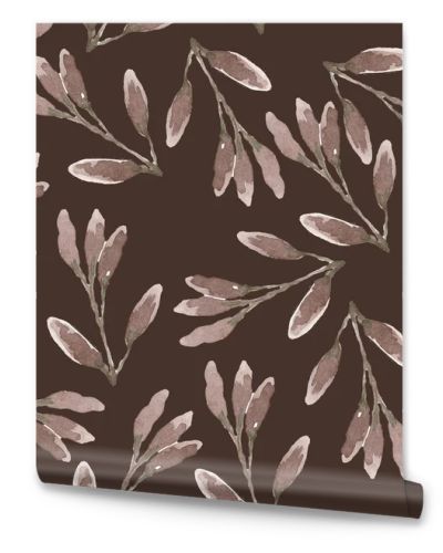 WATERCOLOR ILLUSTRATION SEAMLESS PATTERN,BRANCHES WITH ELONGATED OBLONG LEAVES ON A DARK BACKGROUND