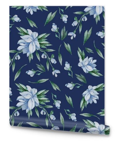 Seamless patterns. Blue flowers, buds and leaves on a dark blue background. Watercolor. Floral Patterns For holiday designs, decor, packaging, textiles and wallpaper. Hand drawing
