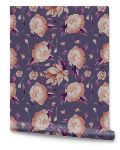 Seamless patterns. Decorative floral patterns - pink large flowers and buds with purple leaves on blue background. Watercolor. For design, decor, packaging, textiles, decor and wallpaper. Hand drawing