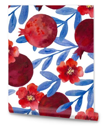 Watercolor seamless pattern with pomegranate flowers and branches. Hand painted illustration. 