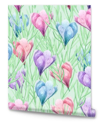 Spring blooming of crocuses on the field. For decoration of postcards, print, design works, souvenirs, design of fabrics and textiles, packaging design, invitation, wrapping, packaging, print