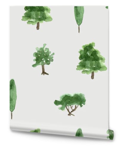 Green trees watercolor seamless pattern. Template for decorating designs and illustrations.