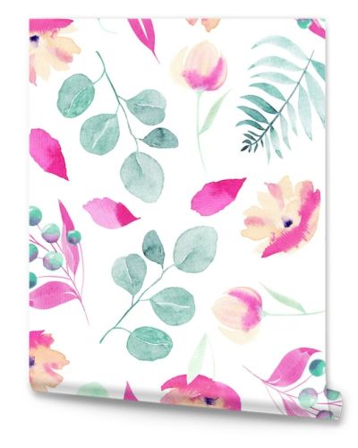 Watercolor spring pink wildflowers, berries, eucalyptus branches and leaves seamless pattern, hand painted on a white background
