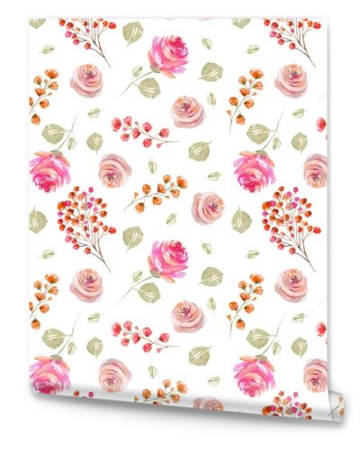 Watercolor tender pink roses and green rose leaves seamless pattern, illustration on white background