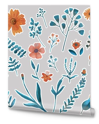 Stiker set with watercolor painted different type of herbs and orange flowers. Can be used for as decorative elements for textile and fashion patterns, design elements, templates, web design, stickers.