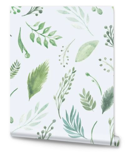 Seamless pattern of branches and leaves on a white background. Watercolor illustration boho greenery