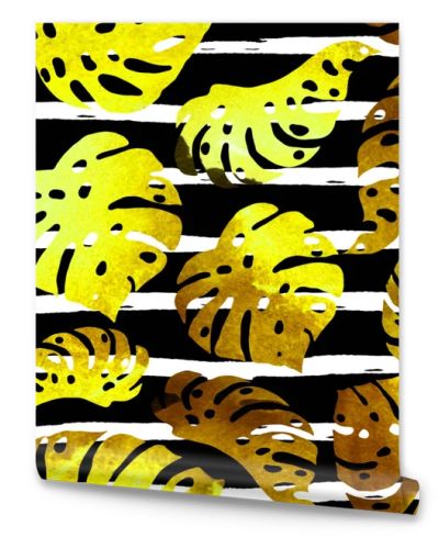 Tropical watercolor background with palm leaves, flowers. 