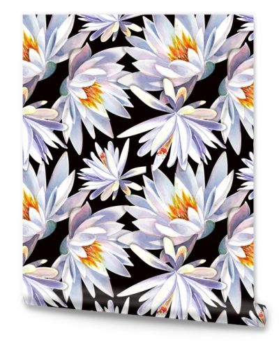 Seamless pattern with white lotus flowers on a black background. Stock illustration hand painted in watercolor.