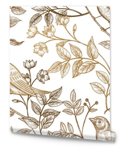 Seamless pattern with flowers and birds.